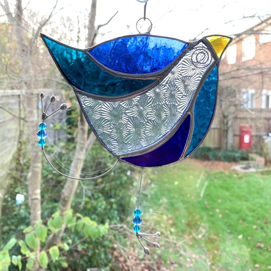 Stained Glass Funky Bird Suncatcher  - Blue 