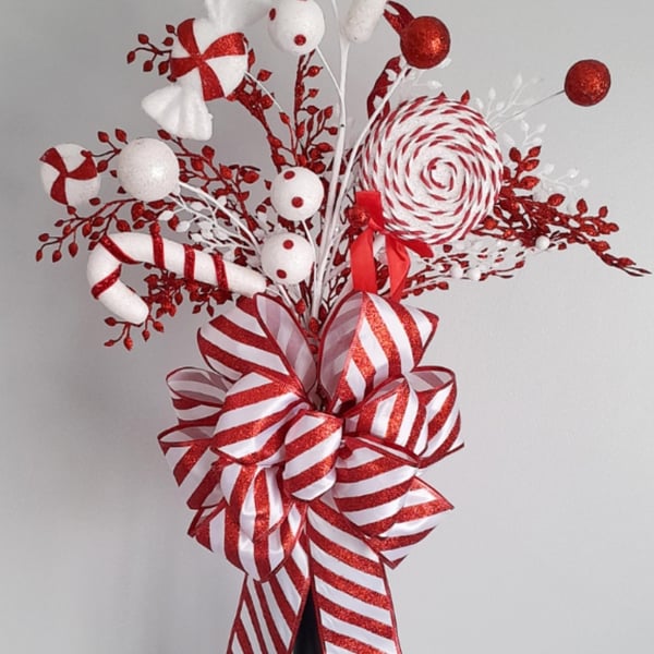 Candy Cane Christmas Tree Topper - Red and White Tree Topper - Candy Cane Bow - 
