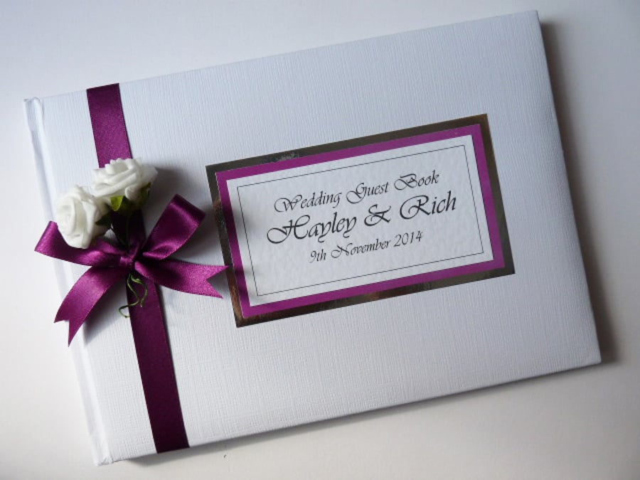 Wedding guest book with roses, berry purple and white wedding guest book