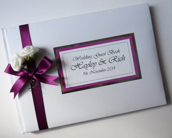 Wedding guest book with roses, berry purple and white wedding guest book
