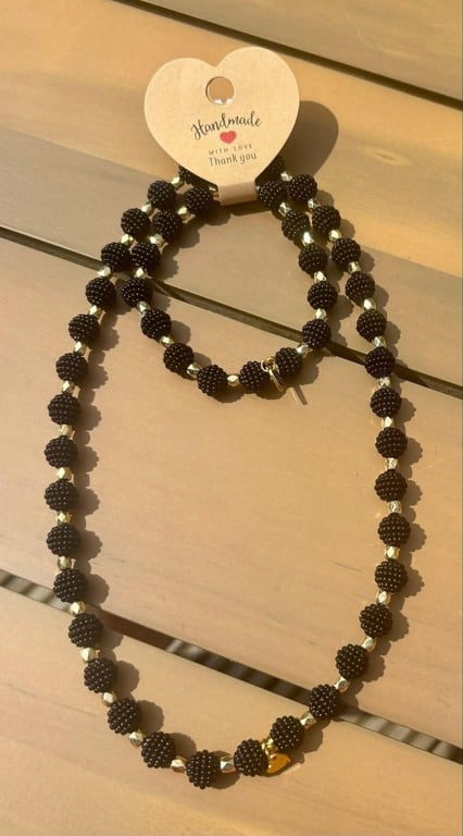 Handmade Black Bead Necklace & Bracelet Set with Gold-Tone Accents