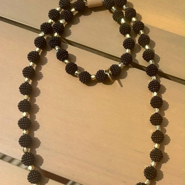 Handmade Black Bead Necklace & Bracelet Set with Gold-Tone Accents