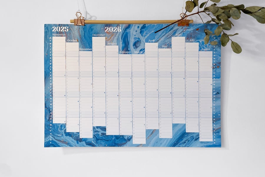 Liquid Marble Design 2025-6 Academic Mid-Year Wall Planner Print A3