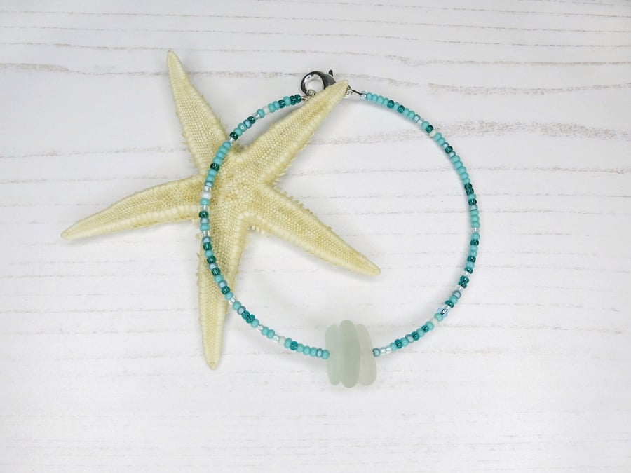 Cornish Sea Glass Bracelet with Tiny Turquoise Seed Beads