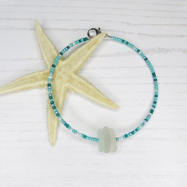Cornish Sea Glass Bracelet with Tiny Turquoise Seed Beads