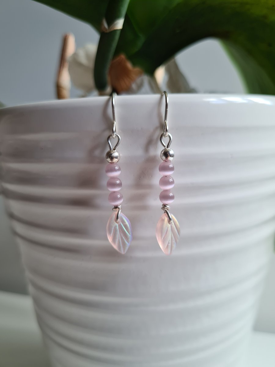 925 Silver & Purple Cats Eye & Pink Glass Leaf Dangle Earrings Earings Jewellery