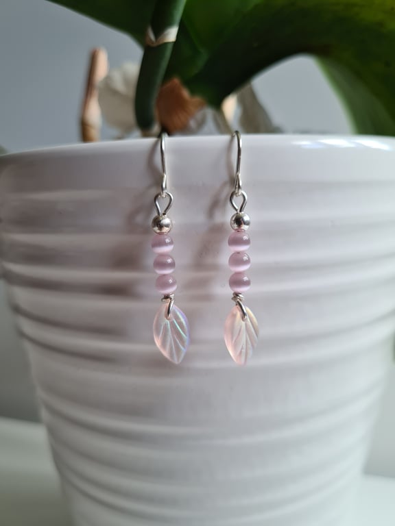 925 Silver & Purple Cats Eye & Pink Glass Leaf Dangle Earrings Earings Jewellery
