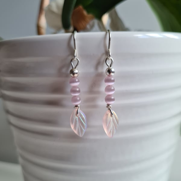 925 Silver & Purple Cats Eye & Pink Glass Leaf Dangle Earrings Earings Jewellery