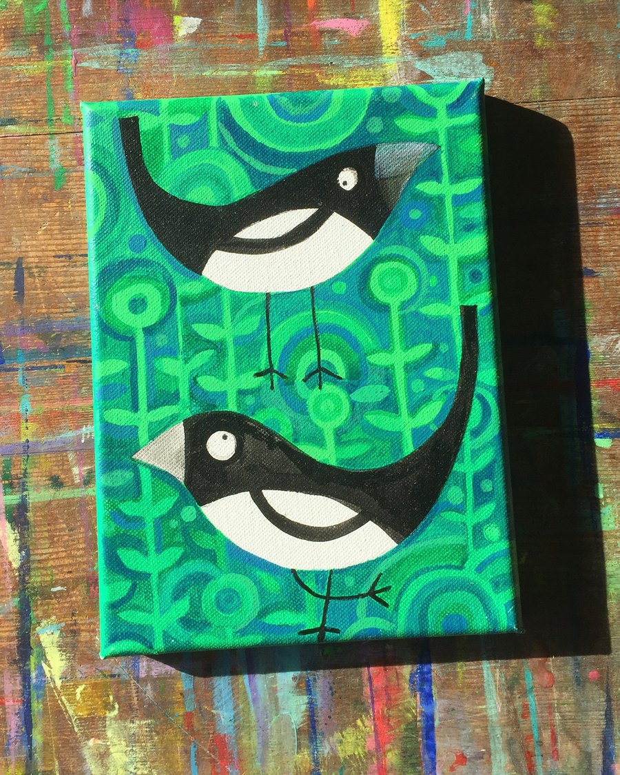 Magpies -green -  quirky original acrylic small painting on canvas by Jo Brown 