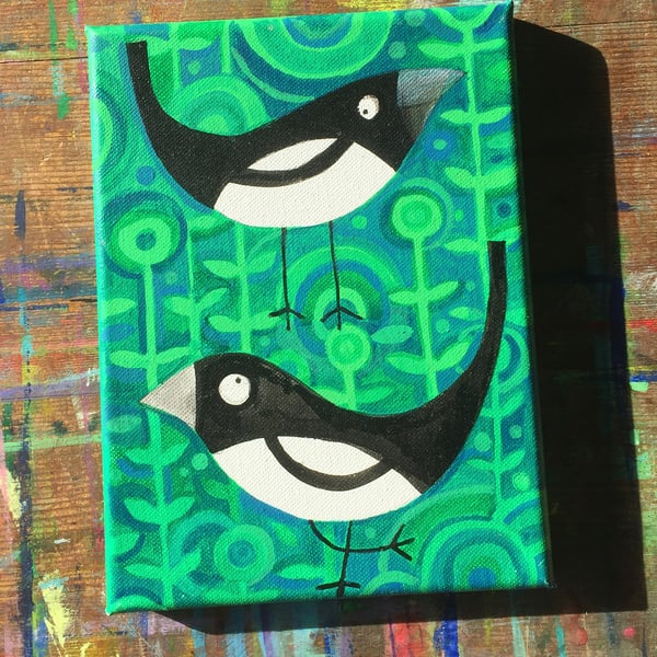 Magpies -green -  quirky original acrylic small painting on canvas by Jo Brown 