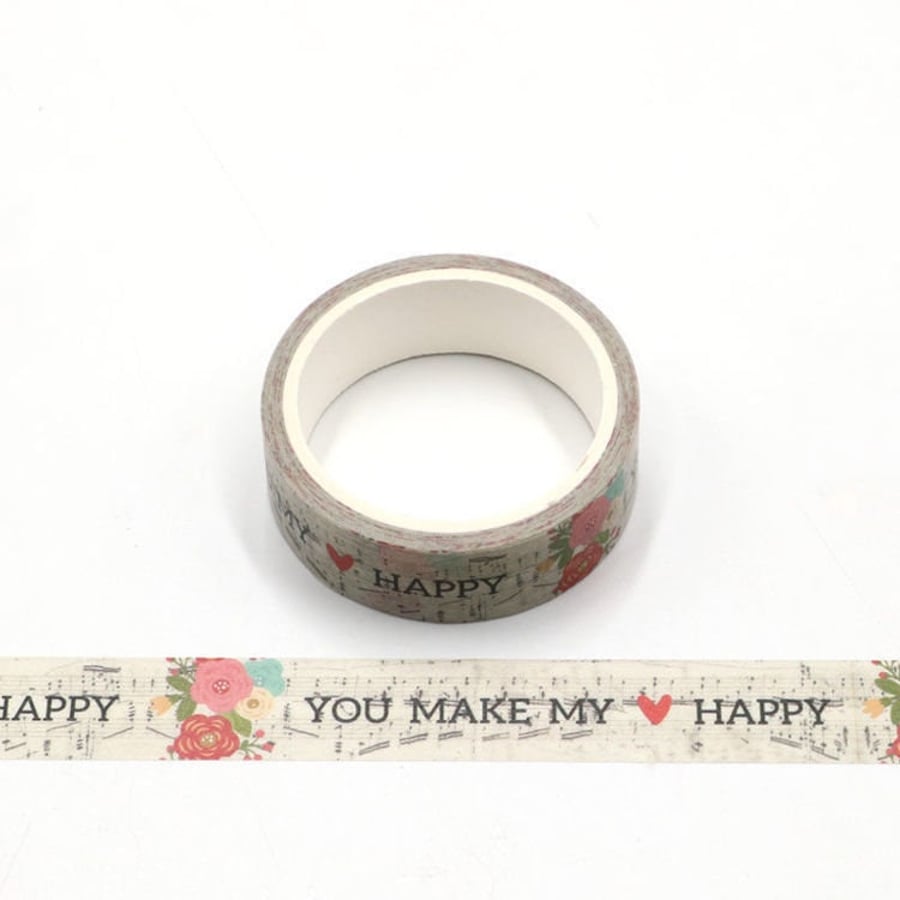 Love Hearts, Flowers and Music Print Decorative Washi Tape 15mm x 5 Meters Eco F