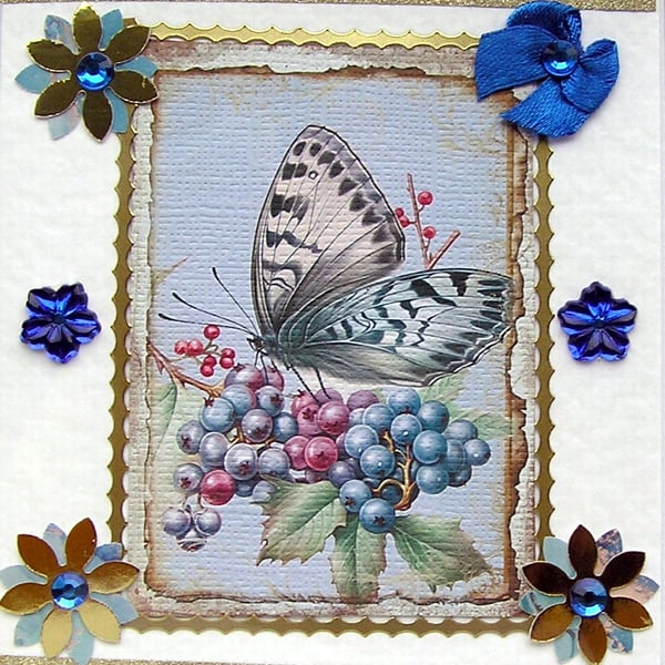 Blue Butterfly Hand Crafted Decoupage Card - Blank (2596)