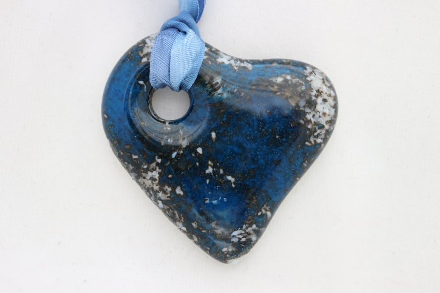 Handmade cast glass heart pendant - deeper depths