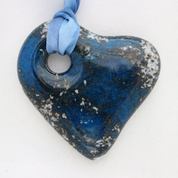 Handmade cast glass heart pendant - deeper depths