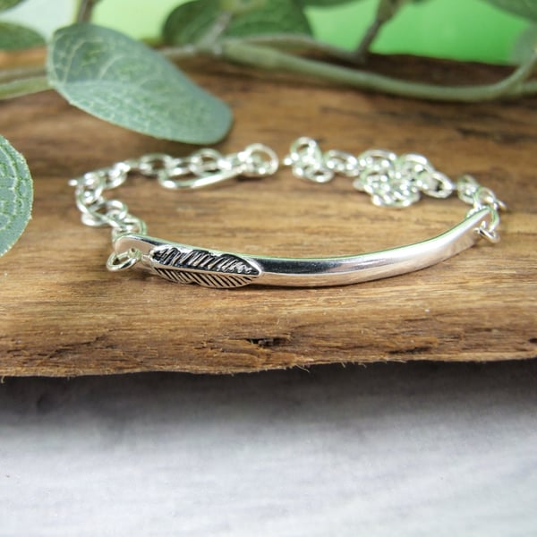 Sterling Silver Bar Bracelet with Feather Design