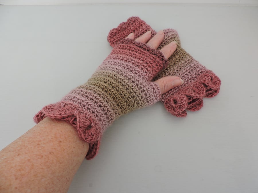 Fingerless Mitts with Dragon Scale Cuffs Assorted Pinks and Taupe