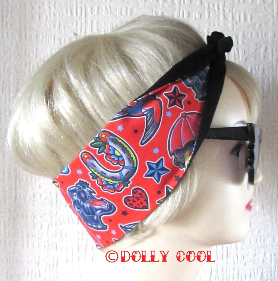 Tattoo Flash Hair Scarf by Dolly Cool in Red - Panther - Horseshoe - Umbrella - 