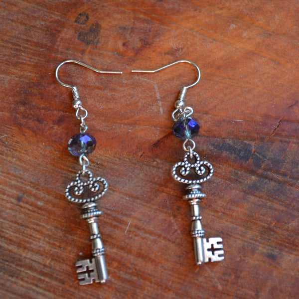 Steampunk earrings ornate keys and crystals