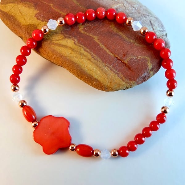 Red Bamboo Coral Bracelet With Swarovski Crystals - Handmade In Devon