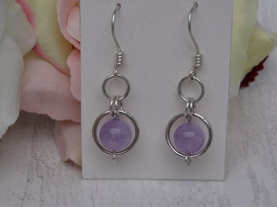 Lavender amethyst gemstone dangle earrings silver circle crown chakra protection