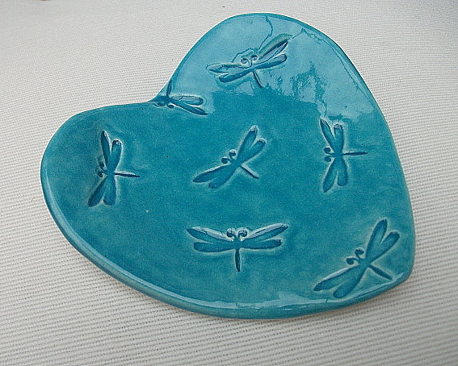 Turquoise ceramic heart dish imprinted with dragonflies - Trinket - soap dish