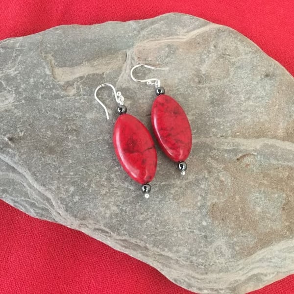 Dangle earrings with red magnesite and silver