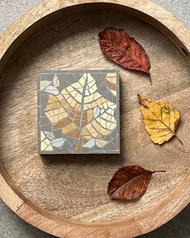 Mosaic Botanical Art - Golden Leaf Mosaic Wall Plaque in Grey