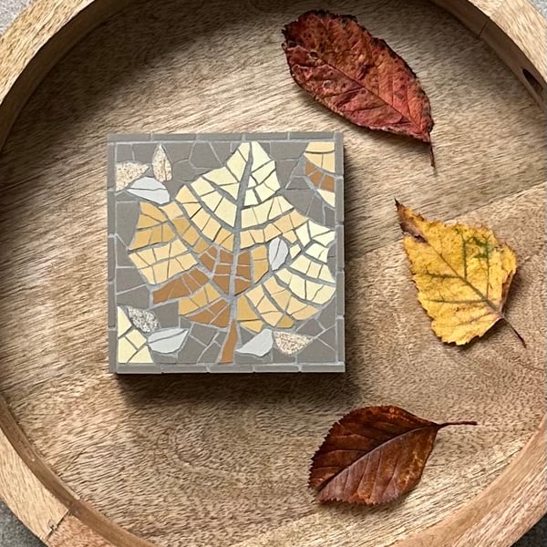 Mosaic Botanical Art - Golden Leaf Mosaic Wall Plaque in Grey