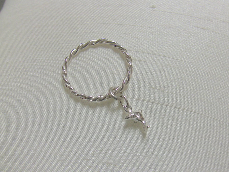 Sterling Silver Twist ring with Dolphin Charm,  size P