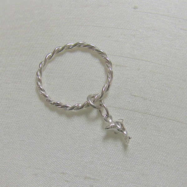 Sterling Silver Twist ring with Dolphin Charm,  size P