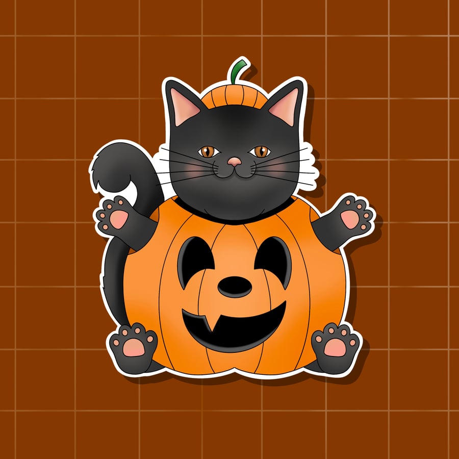 Halloween sticker, cat pumpkin, black cat sticker, kawaii halloween, spooky stic