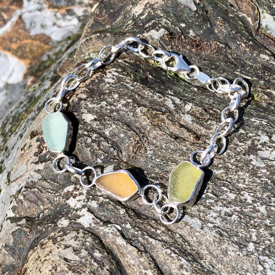 Sea Shore Trio Sea Glass & Silver Bracelet - 1110