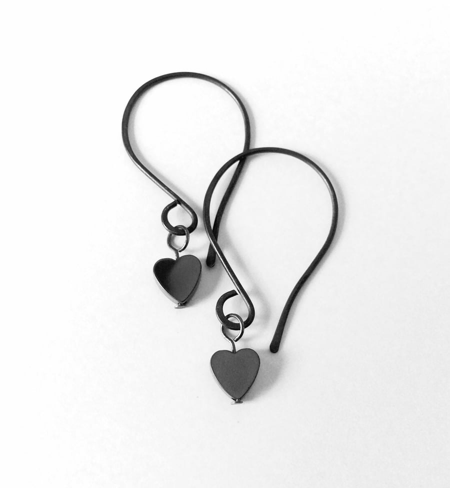 Silver Hematite Black Heart Earrings