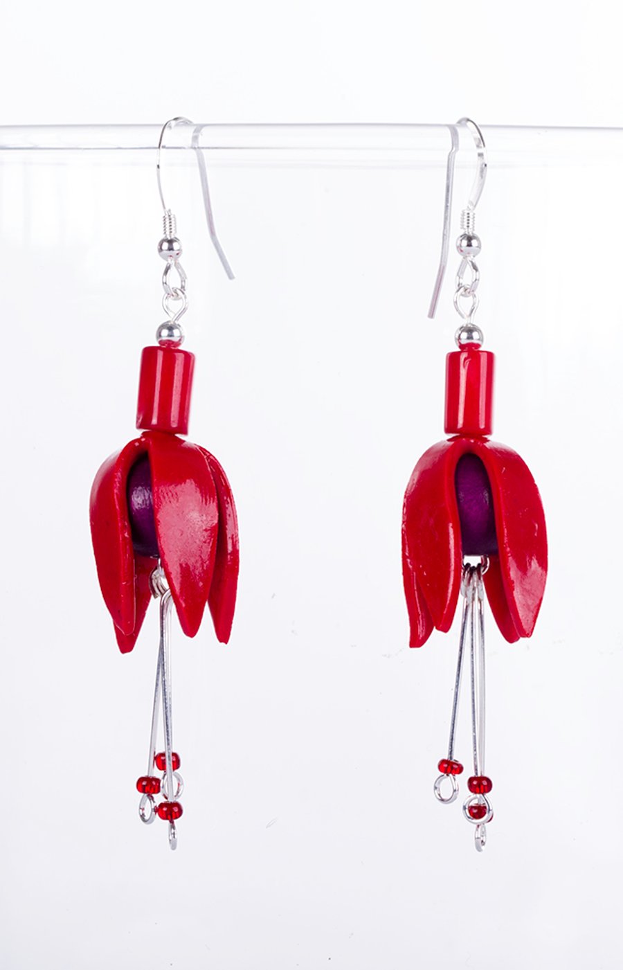 Fuchsia flower earring, wooden bead type, coral top, red & purple