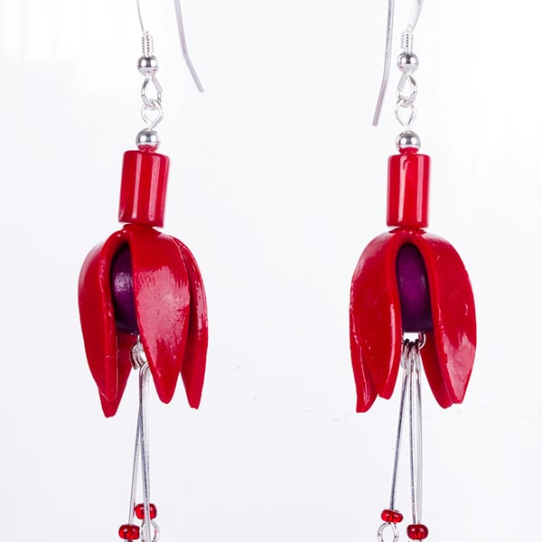Fuchsia flower earring, wooden bead type, coral top, red & purple
