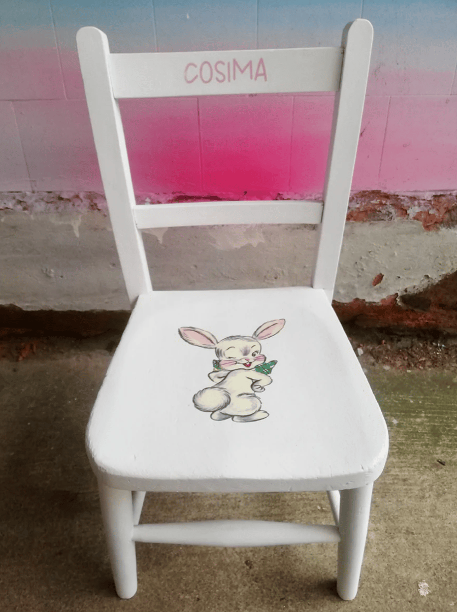 Children's personalised upcycled wooden school chair - vintage bunny theme