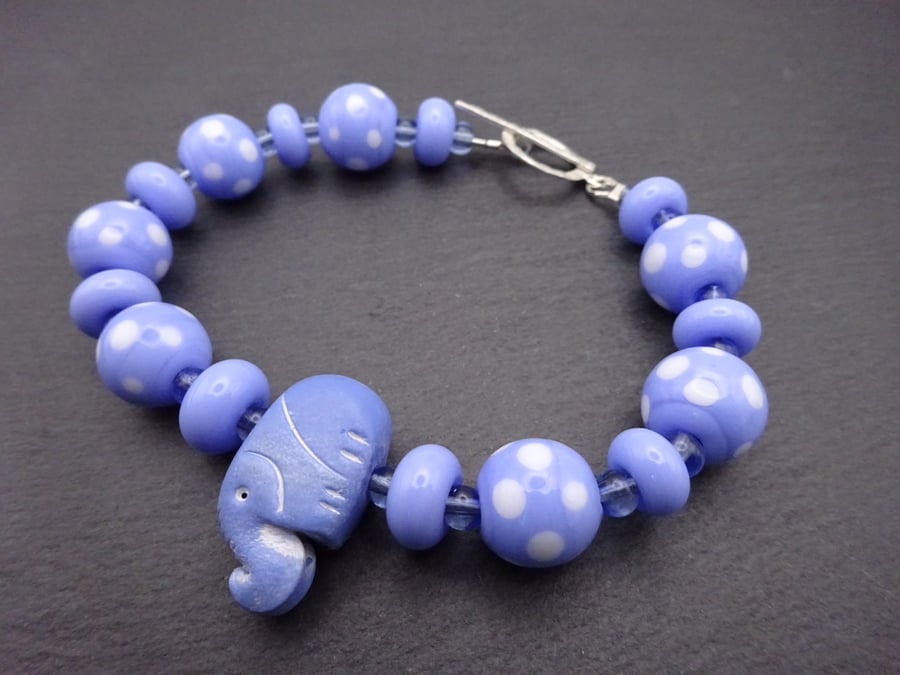 sterling silver, blue lampwork glass, polymer clay elephant bracelet