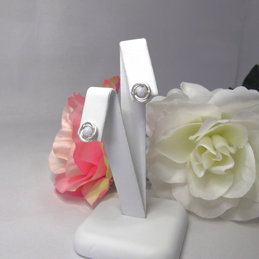 Blue lace agate gemstone Russian wedding ring style recycled silver stud earring