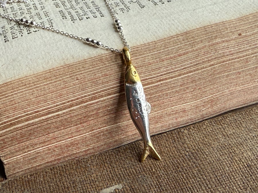 Small Sterling Silver Silver and Gold Darlings Herring Fish Necklace 