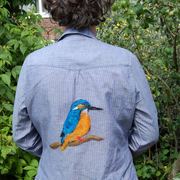 Pre-loved M&S shirt upcycled with needlefelt Kingfisher art work