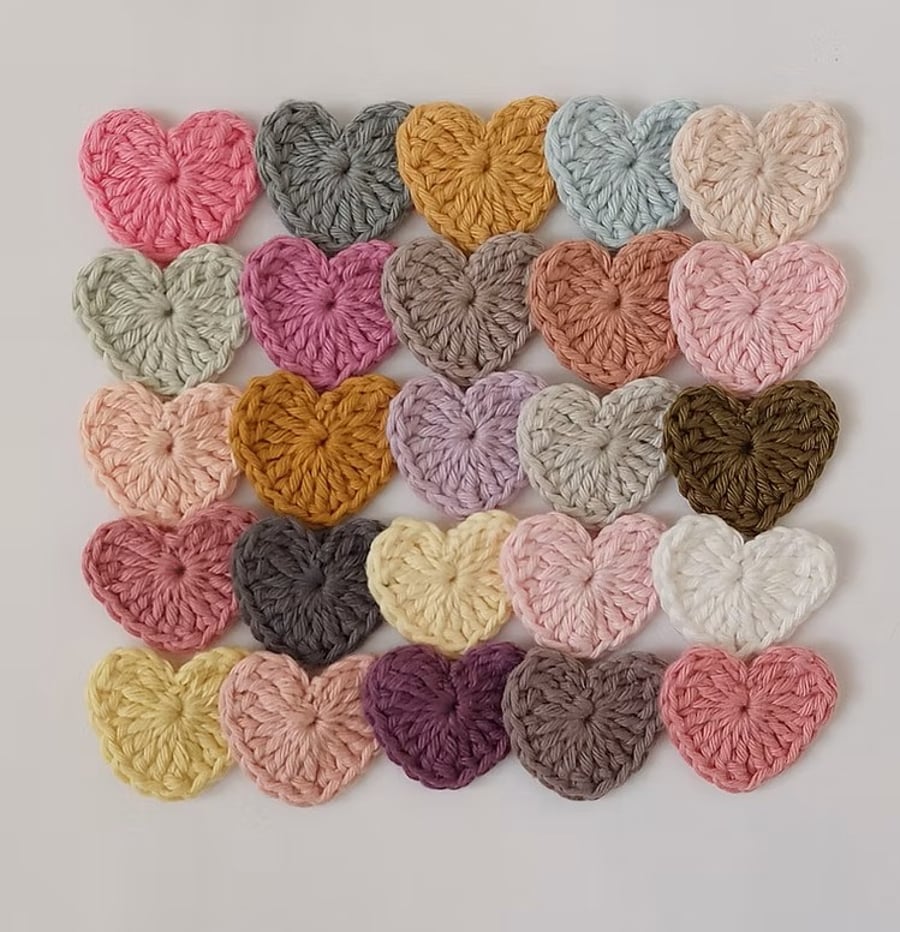  25 Handmade Crochet Hearts Multi-Coloured Mix Small Craft Embellishments