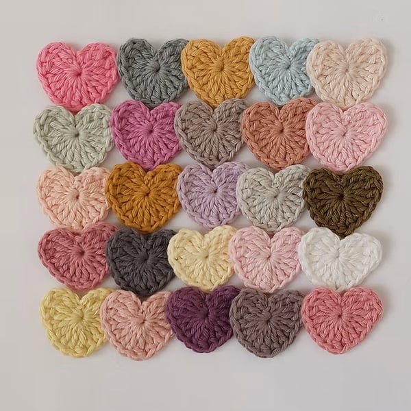  25 Handmade Crochet Hearts Multi-Coloured Mix Small Craft Embellishments