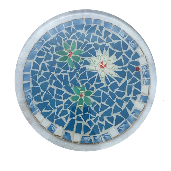 Handmade floral decorative mosaic platter.