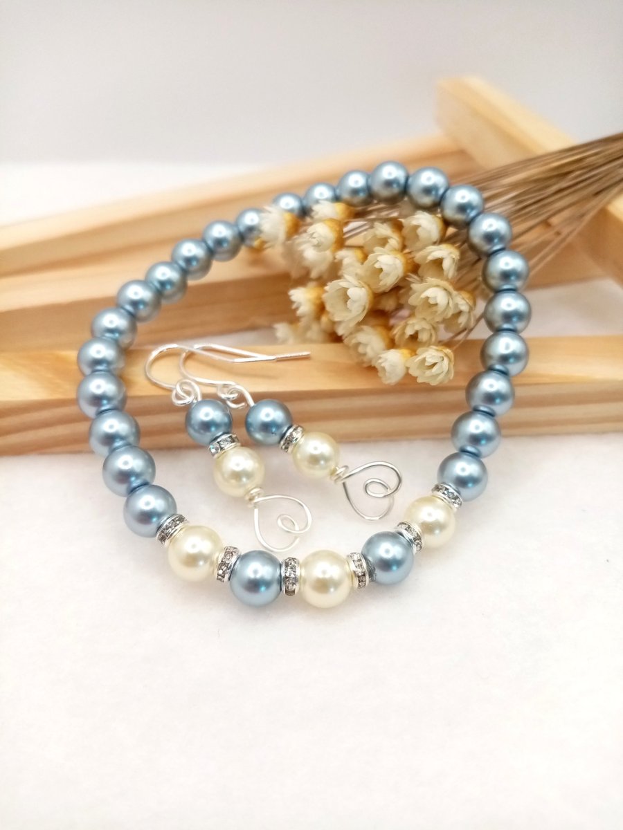Lagoon Blue & Buttermilk Pearl Wedding Jewellery Set, Handmade Bridal Gift Boxed