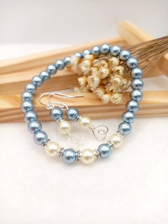 Lagoon Blue & Buttermilk Pearl Wedding Jewellery Set, Handmade Bridal Gift Boxed