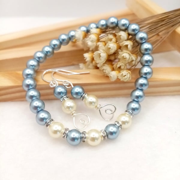 Lagoon Blue & Buttermilk Pearl Wedding Jewellery Set, Handmade Bridal Gift Boxed