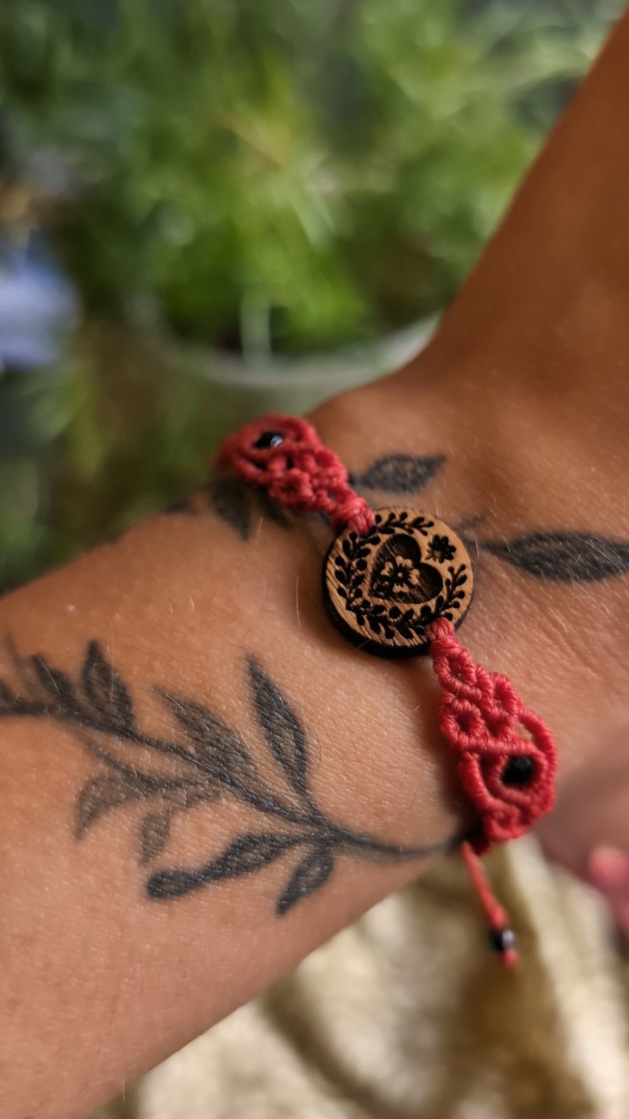 Macrame bracelet with wooden heart charm and natural stone black Tourmaline 