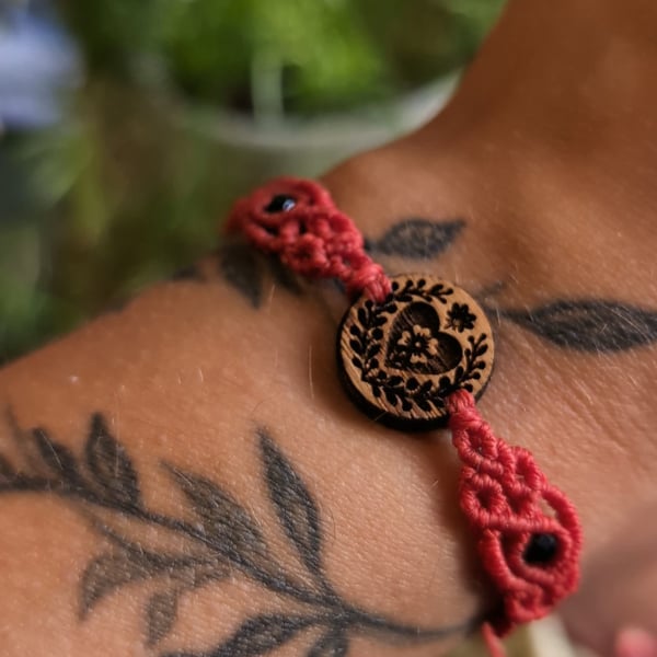 Macrame bracelet with wooden heart charm and natural stone black Tourmaline 
