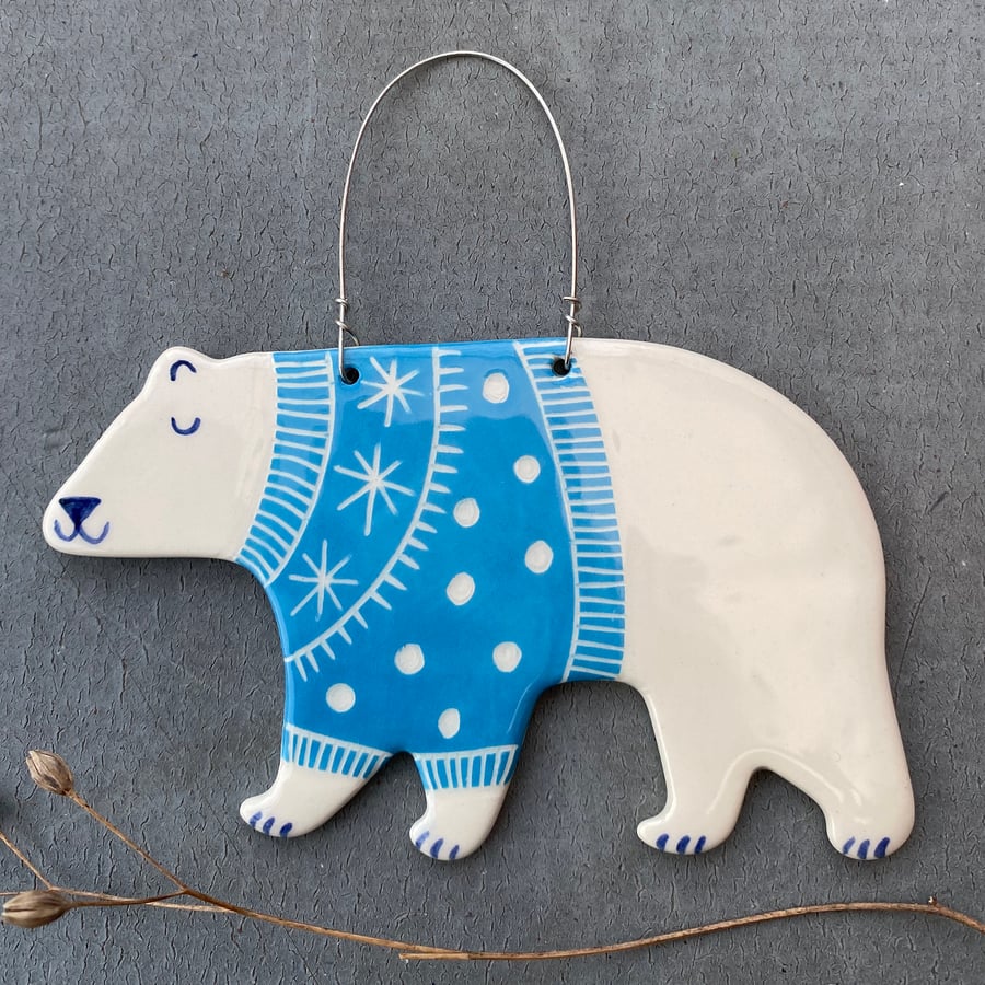 Ceramic Polar Bear with turquoise  jumper  Decoration