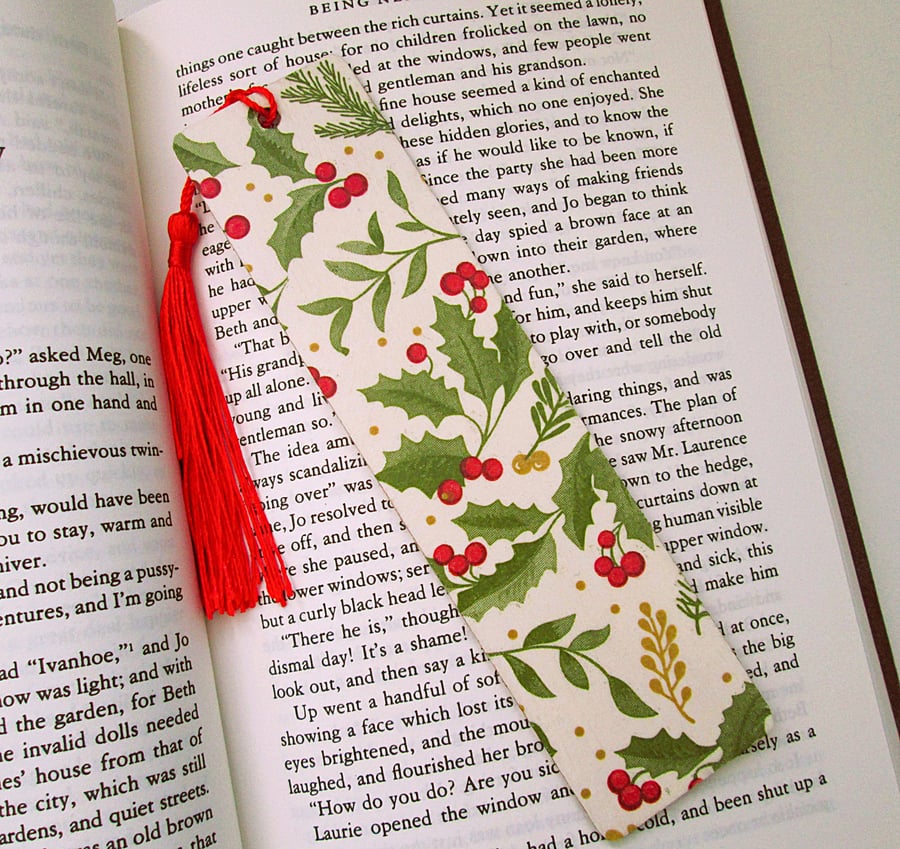 Christmas holly wood decoupage bookmark with tassel